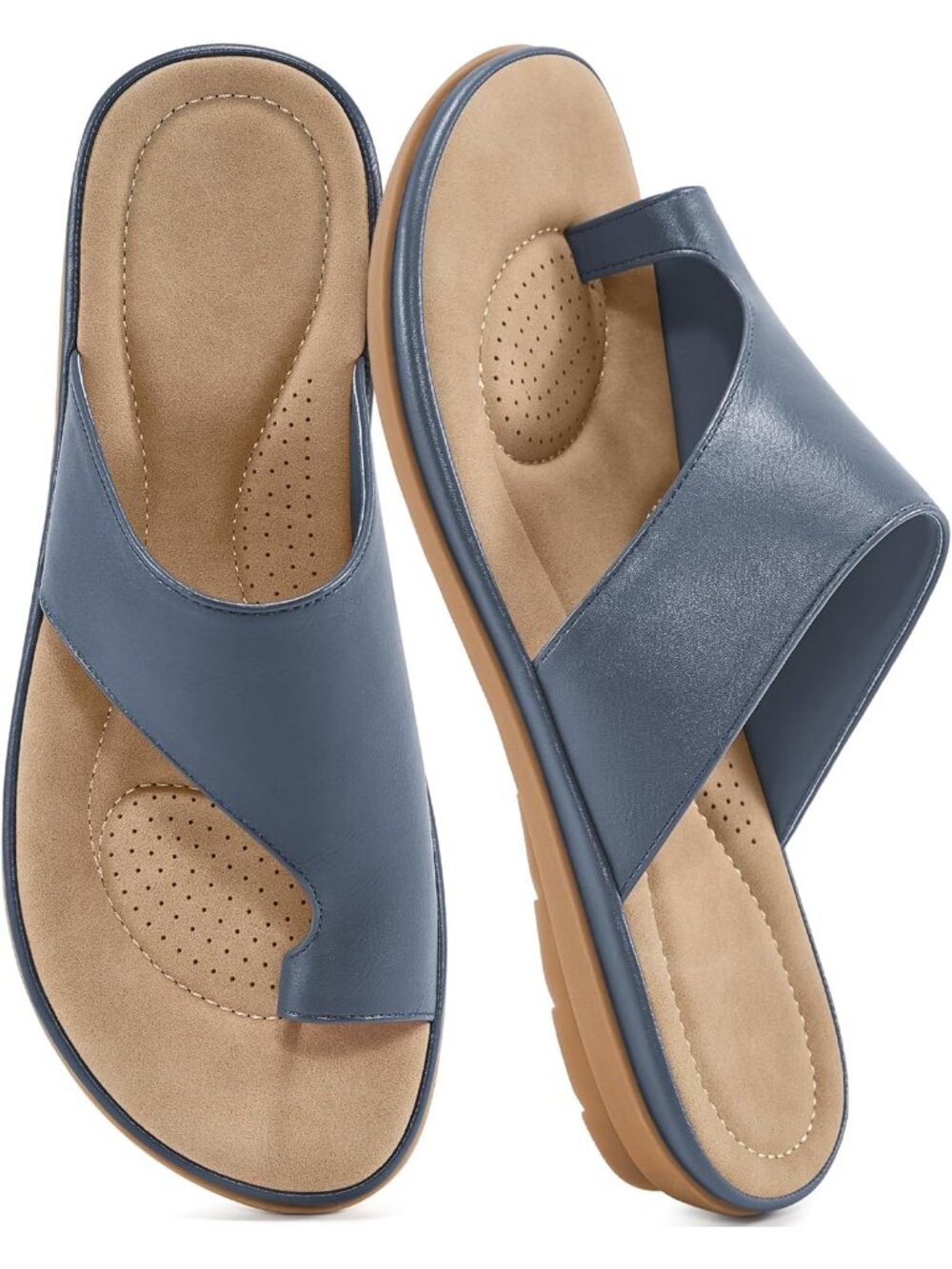 Women's Blue Flat Sandals Comfortable Walking Dressy Slides Casual Shoes